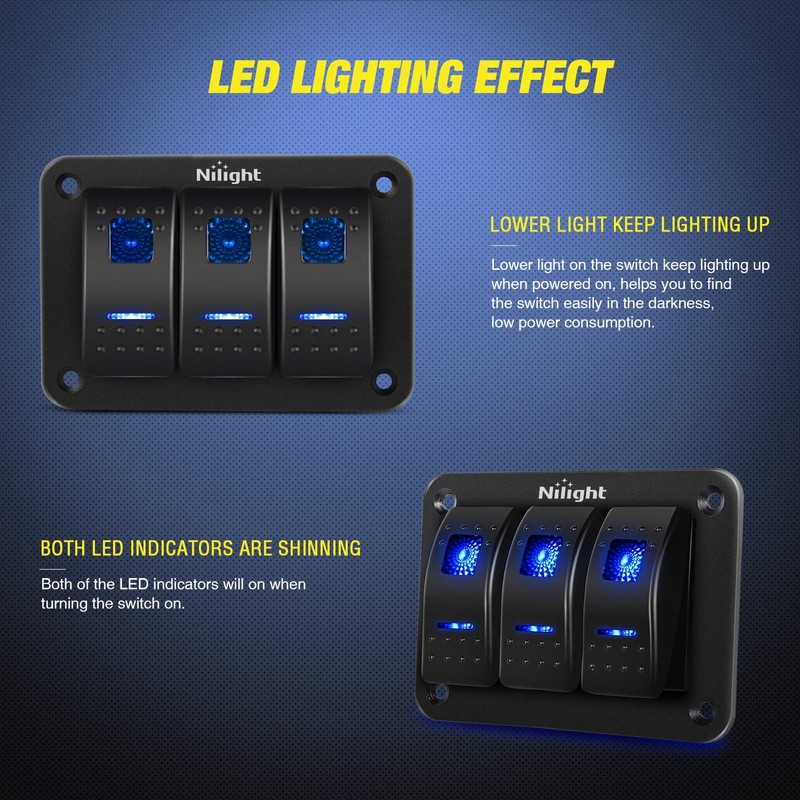 Nilight 90017C 3 Gang Aluminum Panel Toggle Dash 5 Pin