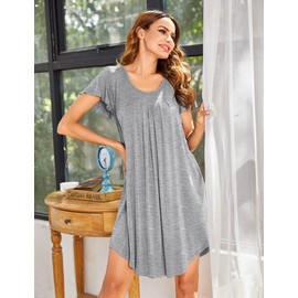 Ekouaer Womens Nightgown Soft Sleepwear Pleated Sleepshirt Sleep Dress Short Sleeve Nightdress Grey L