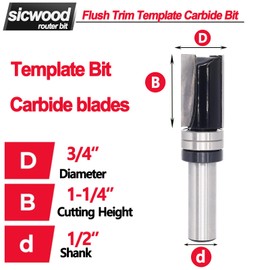 Pattern Flush Trim Router Bit 1/2 Inch Shank, 3/4" Cut Dia, 1-1/4" Cutting Length, Top Bearing Template Flush Straight Cut Trim Router Bit, for Woodworking Trimming