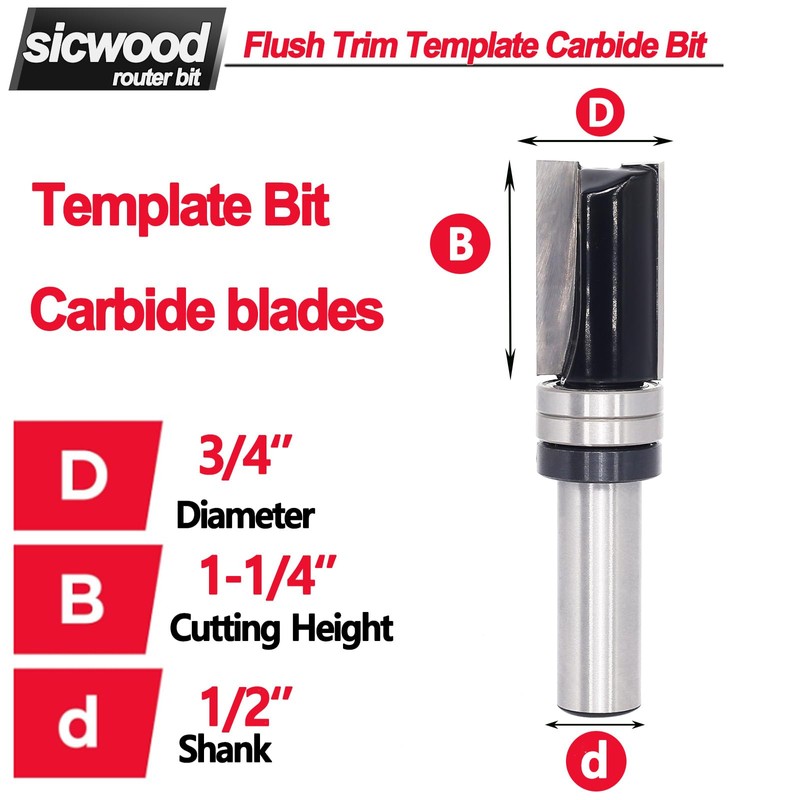 Pattern Flush Trim Router Bit 1/2 Inch Shank, 3/4" Cut