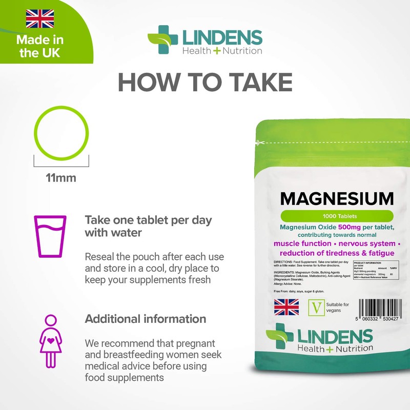Lindens Magnesium Tablets 500mg, 1000 Tablets - Reduces Tiredness &