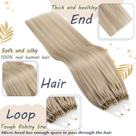 Ugeat 22 Inch Highlighted Microbeads Blonde Hair Extensions Human Hair Ash Blonde Mixed Bleach Blonde Micro Ring Human Hair Extensions Long Striaght Hair Fusion Extensions Microloop 50G