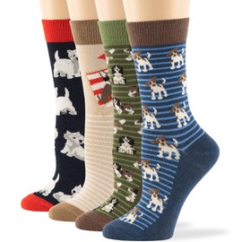 7BIGSTARS KINGDOM Women Fun Crew Cotton Novelty Socks - 4 Pairs Medium - Puppy - Sock Size: 9-11, Shoe Size: 5-9, 1 of Olive Green, 1 of Light Navy, 1 of Light Beige, 1 of Dark Navy