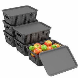 6 Pack Plastic Breathable Storage Baskets with Lids, Gray