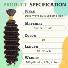 Deep Wave Bulk Braiding Hair for Boho Braids 18 Inch 2 Bundles 200g Dark Brown Curly Boho Hair for Braiding No Weft Wet and Wavy Hair Extensions (#4)