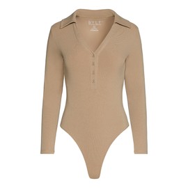 BYLT Ribbed Long Sleeve Bodysuit for Women with Built-In Bra – Collared Moisture Wicking Body Suit – Fitted Thong Bodysuits, Driftwood, X-Small