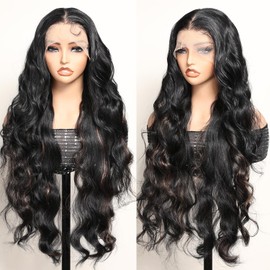 SOKU Body Wave Lace Front Wig Synthetic, 13x6 HD Transparent Lace, Pre-Plucked with Baby Hair, 32 Inch Long Wave Black with Brown Highlights Lace Frontal Wigs for Black Women