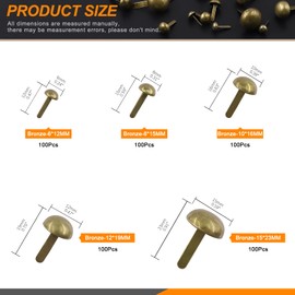 Rustark 500PCS 5 Sizes Bronze Paper Fasteners Round Brads Fasteners Assortment Kit Mushroom Head Paper Fasteners Brass Metal Brads Scrapbooking Decorative Paper Crafts School DIY Art Project Supplies
