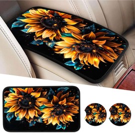 Qindaiwen Car Center Console Cover, Universal Protector for Armrest, Soft Cushion, Waterproof & Non-Slip, Durable Console Organizer for Car SUV Truck with Cup Coasters, Sunflower 3