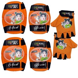 Titan Calico Kitty Girls Bike & Skate Protective Pad Set Orange Multicolor Elbow Knee & Wrist Guards with Gloves Adjustable Pads for BMX Skateboard, Inline Skating Ages 6–12, Small/Medium Size