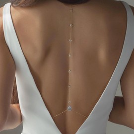 Gold Back Necklace For Backless Dress Silver CZ Bridal Background Necklace Choker Rhinestone Drop Brides Back Chain Necklace Crystal Body Wedding Necklace Long Drop Y Lariat Women, Zinc