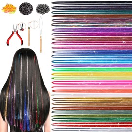 30 Colors Fairy Hair Tinsel Kit 6000 Hair Glitter Strands，heat Resistant Tinsel Hair Extensions with Tools for Women and Girls，for Christmas New Year Holiday Cosplay Party（48in）
