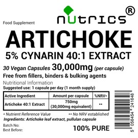Nutrics® 30,000mg (per Capsule) Artichoke Extract 30 V Capsules 5% CYNARIN - 100% Pure No fillers Binders or Bulking Agents (1 Month Supply) (30)