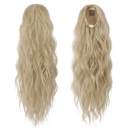 FESHFEN Ponytail Hairpiece with Drawstring, 45 cm Waves Braid Ponytail Extension Ash Blonde Hair Extension Synthetic Long Wavy Hair Extension Ponytail for Women