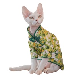 Traditional Culture Sphynx Hairless Cat Cotton T-Shirts Cat Clothes Pet Sweater Cat Vest Pet Clothes Kitten Shirts Cats & Small Dogs Apparel (White Petunia Chi-Pao, M (5.5-7 lbs))