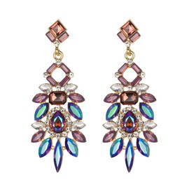 BriLove Wedding Bridal Chandelier Earrings, Art Deco Rhinestone Marquise Emerald Cut Rectangle Geometric Statement Earrings for Women Iridescent Blue Gold-tone