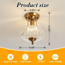 UOFUS Vintage Gold Semi Flush Mount Ceiling Light Fixture with Clear Glass Shade Flower Small Chandelier Brass Close to Ceiling Light for Hallway Entryway Bedroom Porch Foyer Corridor Kitchen