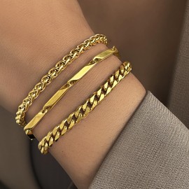 3Pcs Layered Cuban Chain Bracelets for Men Women Adjustable Gold Chunky Braclets 18k Gold Plated Stackable Bracelet Dainty Stainless Steel Jewelry Lightweight Hypollergenic Bracelet Party Birthday Holiday Vacation Jewelry (Gold)