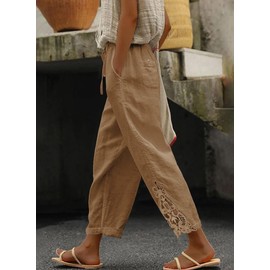 Acelitt Women Casual Linen Pants Summer Lightweight Drawstring Elastic Waist Fashion 2025 Beach Capri Pants Trousers Khaki Large