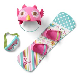 American Girl WellieWishers Frosty Fun Snowboard Set for 14.5-inch Dolls with a Colorful Mixed-Print Snowboard, Movable Straps, Pink Owl-Faced Helmet, Pink goggles, Ages 4+