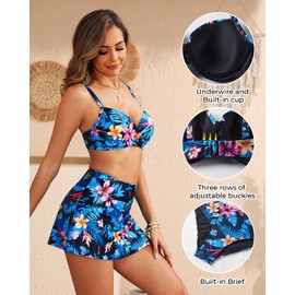 Yonique Womens Underwire Bikini with Skirt - Push Up Bathing Suit Two Piece High Waisted Swimsuit 2025 Swimwear Blue and Flower M