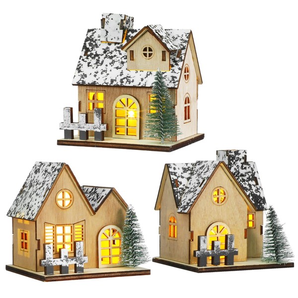Toyvian 3 Pcs Christmas Village Houses Decor: Small Glowing Wooden