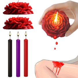 Red Rose Flower Scented Candle Set of 5, 2 Rose Shapes + 3 Long Low Temperature Candles, Romantic Ambiance Wax Play Candles for Date Night Romantic Wax Play Couple Wedding Anniversary Candles