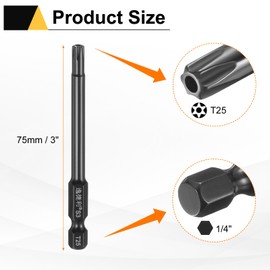 sourcing map 10pcs T25 Torx Screwdriver Bit 1/4" Hex Shank 75mm/3" Length S3 Steel Magnetic Tamper Proof Star 6 Point Head Hex Screw Driver Bits, Black