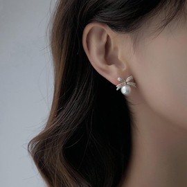 Gold Silver Bow Earrings for Women Long Bow Dangle Earrings Classic Ribbon Bow Stud Earrings Christmas Pearl Bow Earrings Bow Jewelry for Women (Gold B)