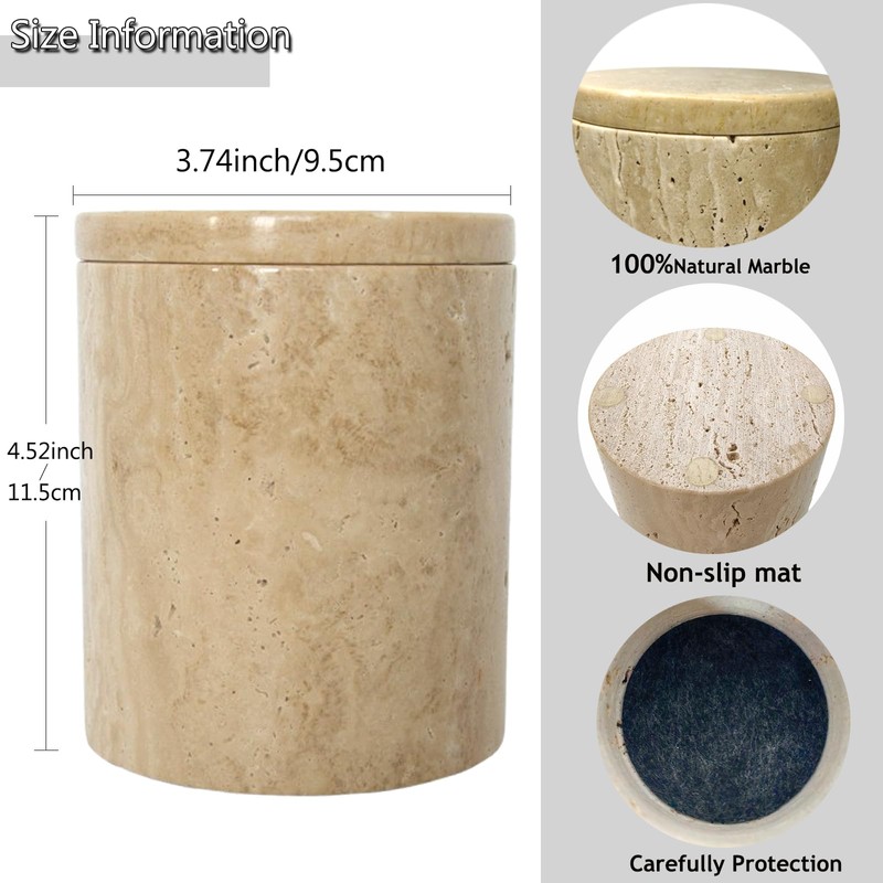4.55" Travertine Qtip Swab Holder Easy-Lift Lid Bathroom Storage Canister