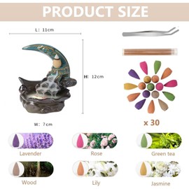 Ayeelamb Incense Backflow Waterfall, Incense Holder Backflow, with 30 Backflow Incense Cones + 30 Incense Sticks, Backflow Incense Burner, for Home Decoration, Study