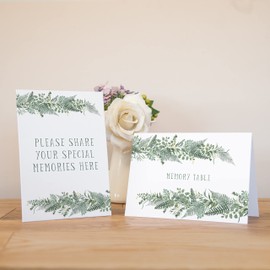 Set of 2 card signs 'memory table' & 'please share your special memories here' | bereavement signs with green ferns | funeral book for guest to sign | celebration of life table
