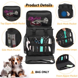 KISLANE Pet Grooming Tote Bag, Cat Grooming Tools Organizer Bag, Dog Grooming Supplies Organizer Storage for Pets Grooming Kit and Dog Wash Shampoo Accessories(Bag Only) (Black- New)