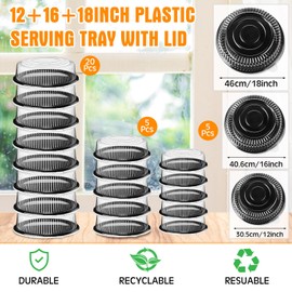 Zhehao 30 Pack Plastic Serving Tray with Lid Disposable Platters Heavy Duty Catering Trays with Clear Lids Stackable Round Cookie Tray for Party(Black,12 Inch, 16 Inch, 18 Inch)