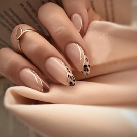 Press on Nails Medium Almond SWEKKE French Tip Fake Nails Leopard Print False Nails with Golden Swirl Designs Glossy Glue on Nails Brown Stick on Nails Acrylic Nails for Women Girls 24Pcs