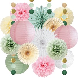 Sage Green and Pink Party Decoration Sage Green Cream Pink Paper Pom Poms Flowers Paper Fans Olive Sage Gold Circle Dots Garland for Birthday Baby Shower Wedding Bridal Shower Party Decoration