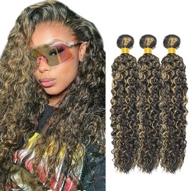 P1B27 Bundle Highlight Deep Wave Human Hair Bundles 20 22 24 Inch Peruvian Unprocessed Honey Blonde Loose Deep Wave Bundles Human Hair Color #27 Bundle