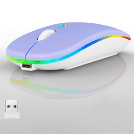 LED Wireless Mouse, Slim Silent Dual-Mode 2.4G+BT Rechargable 7-Color Mouse Portable Mobile Optical Office Mouse with USB Receiver, 3 Adjustable Levels for Notebook, PC, Computer, MacBook (Purple)