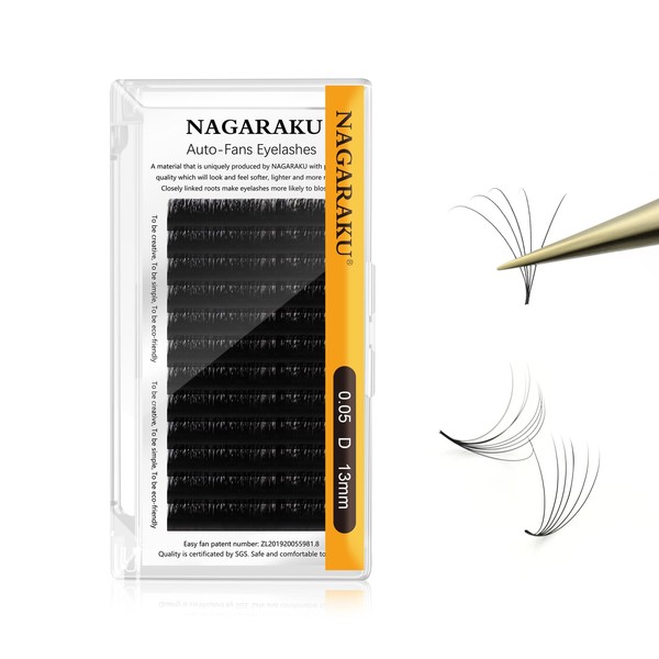 NAGARAKU Russian Volume 3D, 4D, 5D-20D, 0.05 mm Thickness, D Curl, 13 mm, Light-Dense, Easy Fan Eyelash Extensions, Artificial Eyelashes, 12 Rows, Black