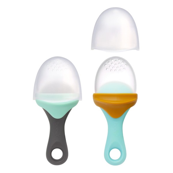 Boon PULP Silicone Baby Feeder — 2 Count — Blue/Mustard and Gray/Mint — Soft Silicone Vegetable and Fruit Feeders — Teething Baby Essentials