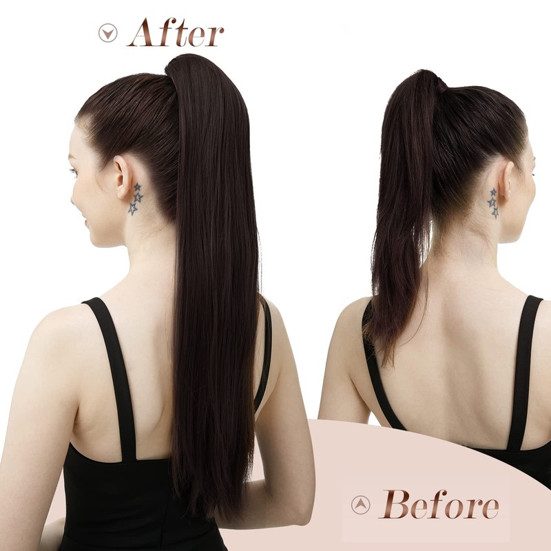 FESHFEN Straight Ponytail Extensions, Long Drawstring Pony Tails Synthetic Hair