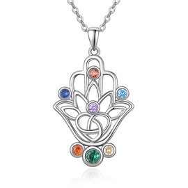 TANGPOET Hamsa Hand Necklace 925 Sterling Silver 7 Chakra Hand of Fatima Necklace Celtic Knot Pendant Jewellery Gifts for Women Girls Women, Sterling Silver