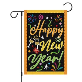 Wodison Happy New Year Garden Flag 12 x 18 Inch Double Sided Outside, Small Burlap Fireworks Celebration New Years Flag for Party Yard Outdoor Decoration