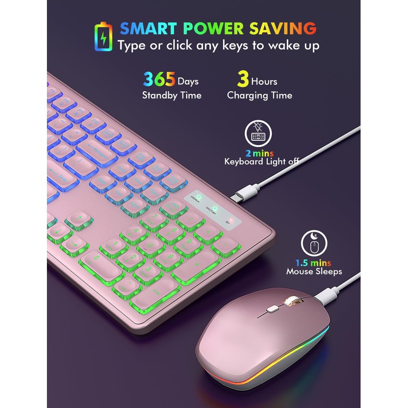 Wireless Keyboard and Mouse Combo - RGB Backlit, Rechargeable &