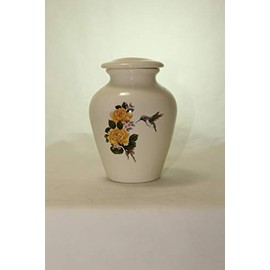 Yellow Rose and Hummingbird Urn- Pansies Cremation Urn or Keepsake for Ashes - Hand Made Pottery (x-Small 29 Cubic Inches)