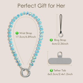 SURPHY Phone Charm, Crystal Glitter Phone Strap with Keychain & Tether Tab, Bracelets Strap for Women, Anti-Lost Wrist Lanyard Chain, Bling Blue