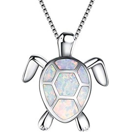 Jude Jewelers White Gold Plated Simulated Opal Small Turtle Pendant Statement Necklace, Metal