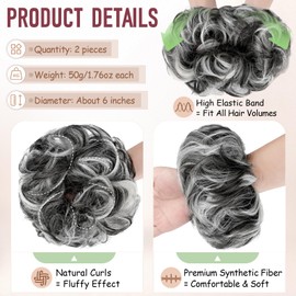 FeidyLong 2 PCS Messy Bun Hair Piece Wavy Curly Scrunchies Synthetic Chignon Ponytail Hair Extensions Thick Updo Hairpieces for Women Girls(Natural Black Mix Silver Grey)