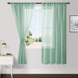 Hiasan Sheer Curtains for Bedroom with Tiebacks, Lightweight Airy Breathable Voile Drapes Light Filtering Rod Pocket Window Curtains for Living Room, Nursery, W52 x L63, Bean Green, 2 Soft Panels