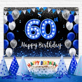 Happy 60th Birthday Backdrop Banner Blue Black Theme Background with Blue Neon Light Shiny Fashion Birthday Party Photo Photography Prop Booth Background for Men Women Celebration 70.8x47.2in-BECKTEN
